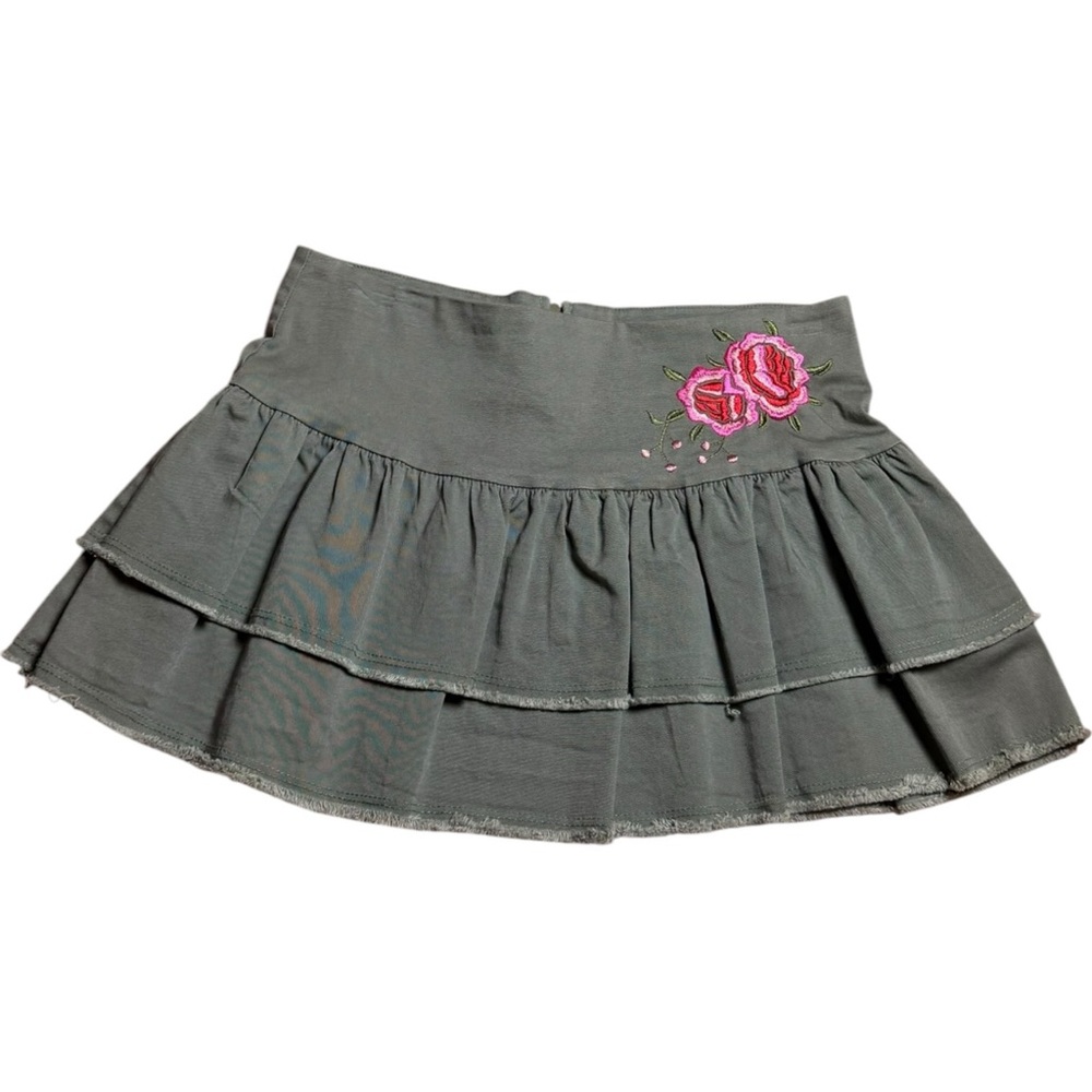 Papaya Y2K Floral Embroidered Layered Olive Mini Skirt